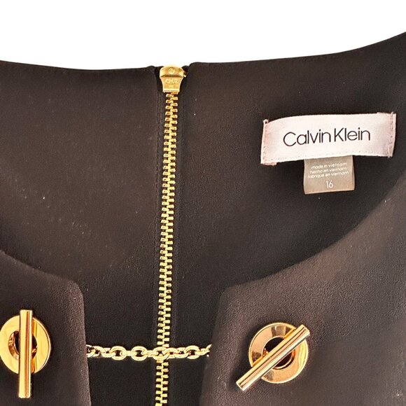 Calvin Klein Size 16 Elegant Stretch Belted Jumpsuit Gold Chain Neck Black - Picture 6 of 8
